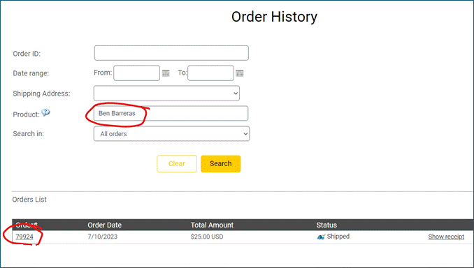 Order history advanced search options screenshot