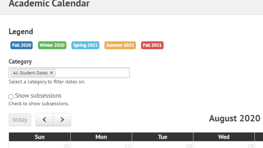 Online Academic Calendar Screenshot